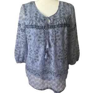 St. John's Bay Petite Medium Blue Paisley Floral Tassel Peasant Blouse Boho Top